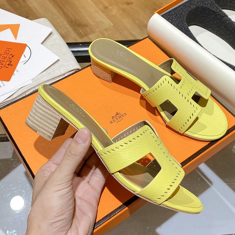 Hermes Oasis Slides Women Hollow Leather In Yellow