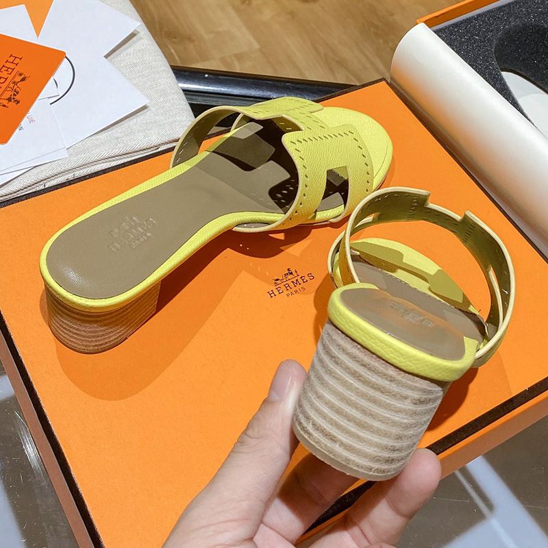 Hermes Oasis Slides Women Hollow Leather In Yellow