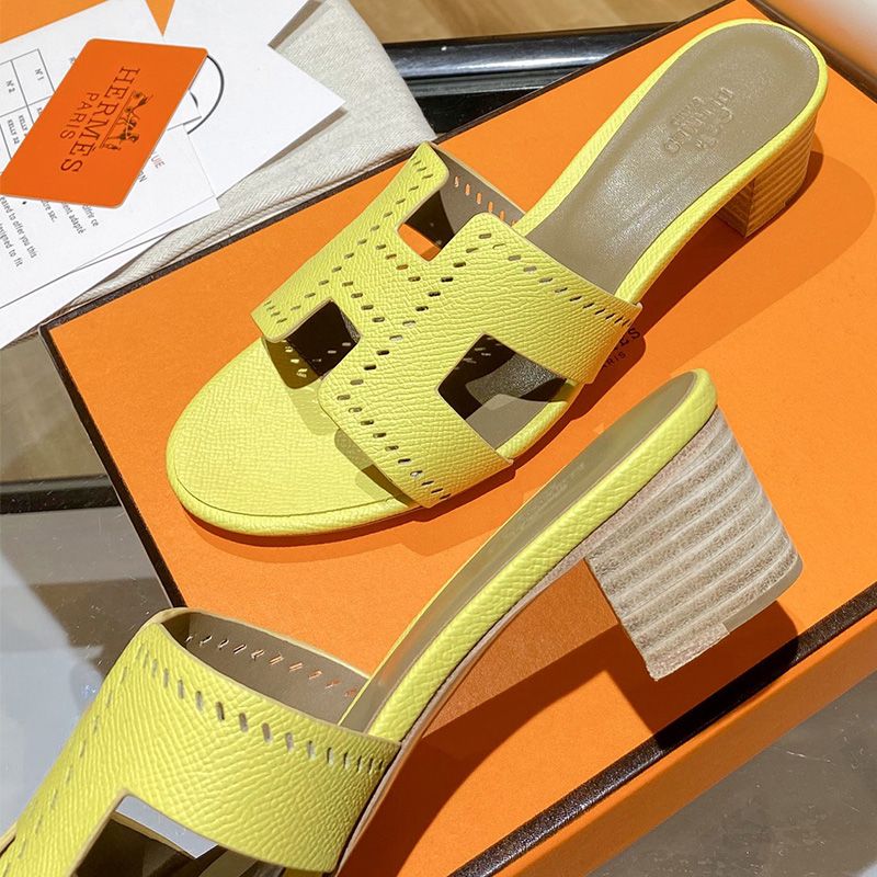 Hermes Oasis Slides Women Hollow Leather In Yellow