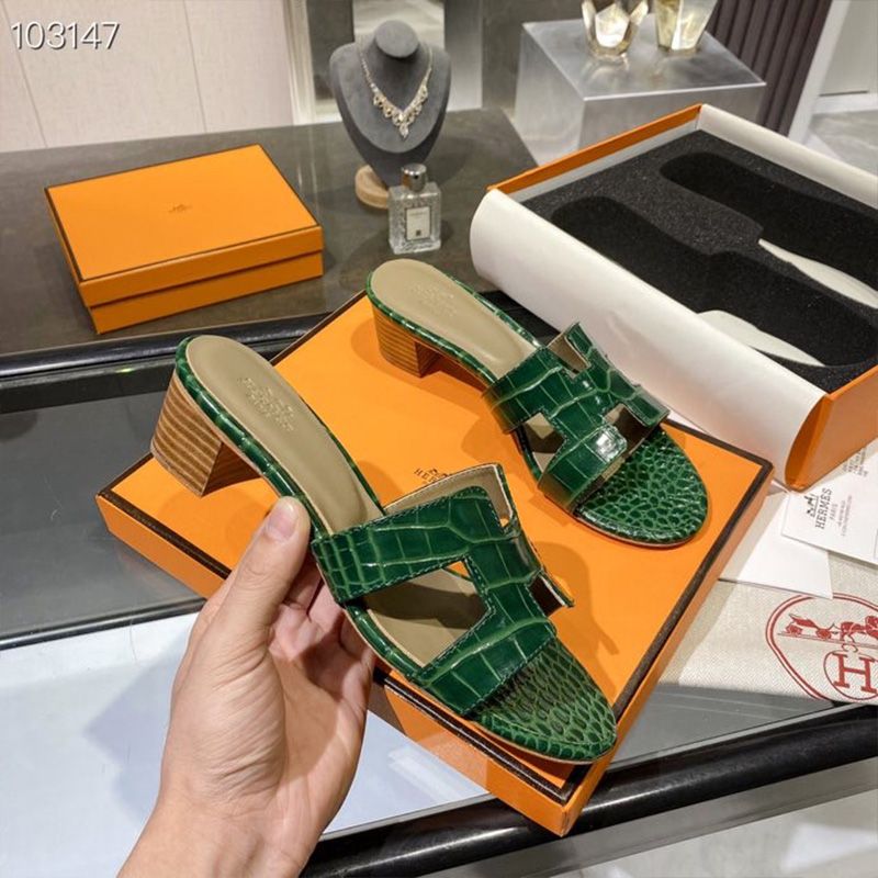 Hermes Oasis Slides Women Alligator Leather In Green