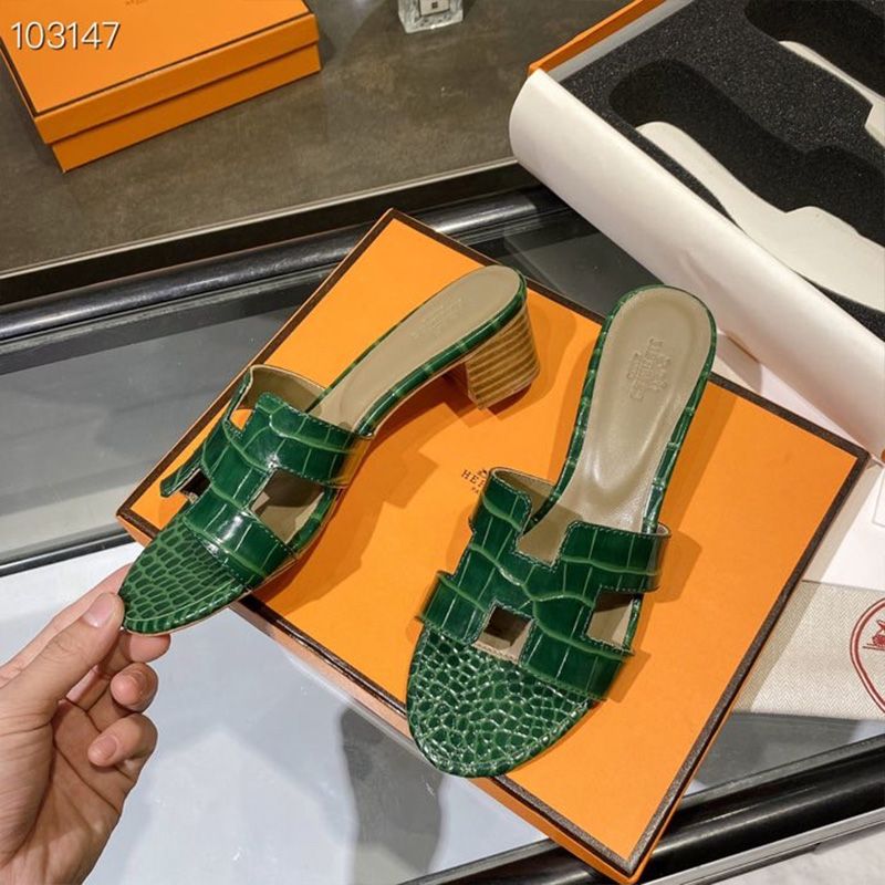 Hermes Oasis Slides Women Alligator Leather In Green