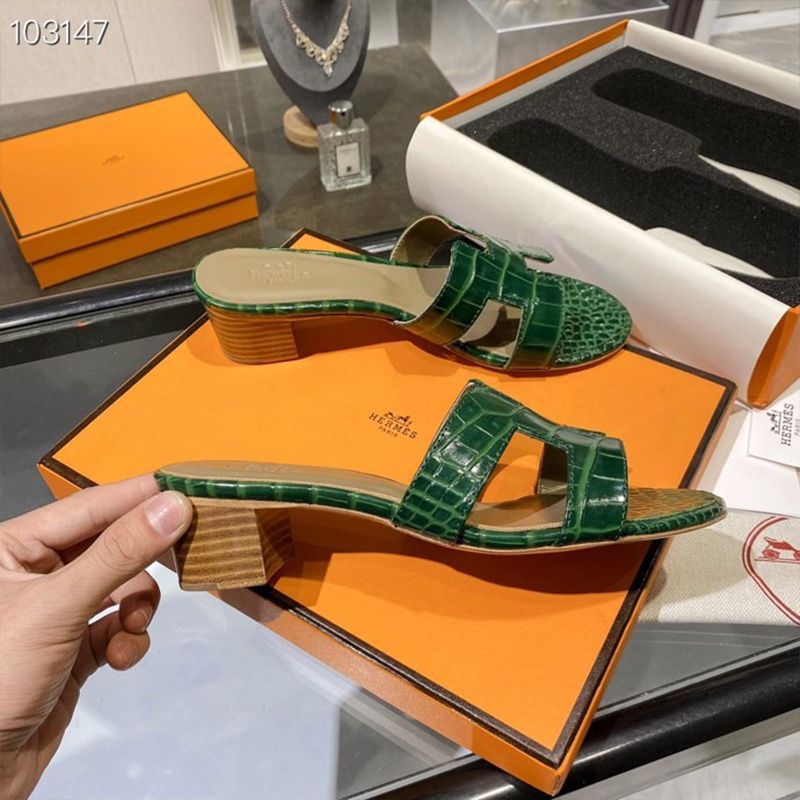 Hermes Oasis Slides Women Alligator Leather In Green