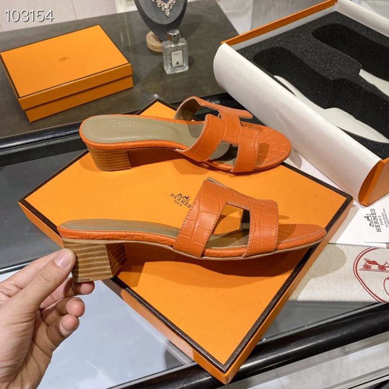 Hermes Oasis Slides Women Alligator Leather In Orange