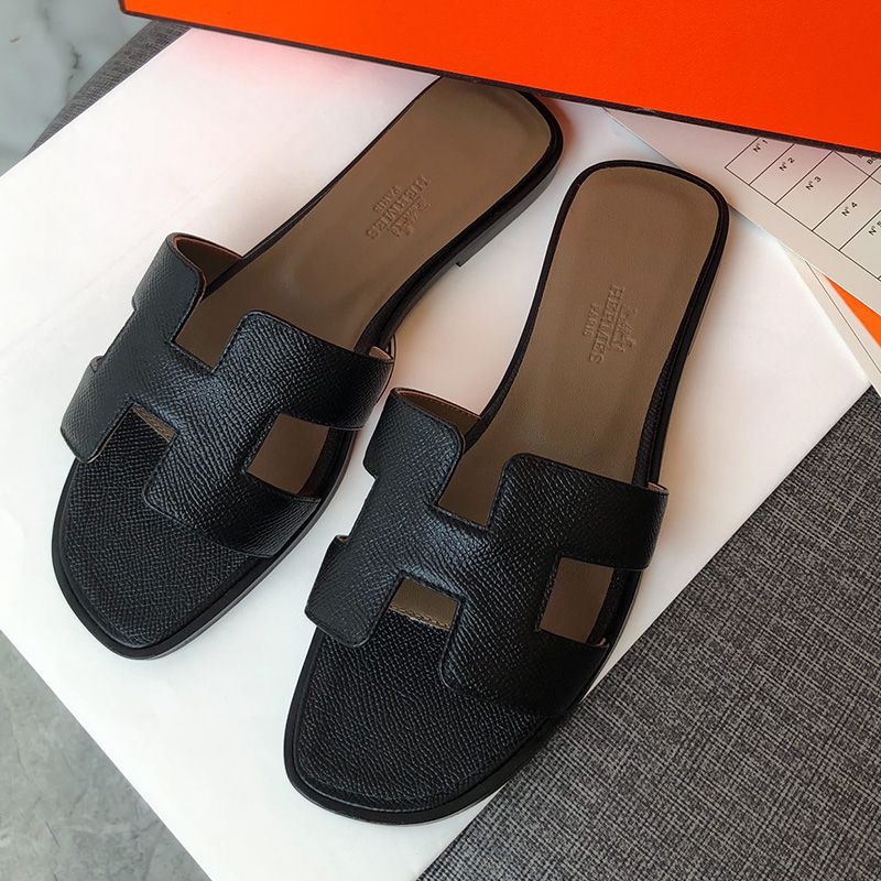 Hermes Oran Slides Women Grain Calfskin In Black