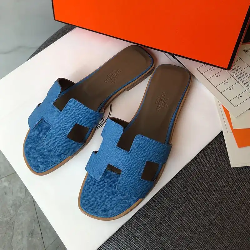 Hermes Oran Slides Women Grain Calfskin In Blue