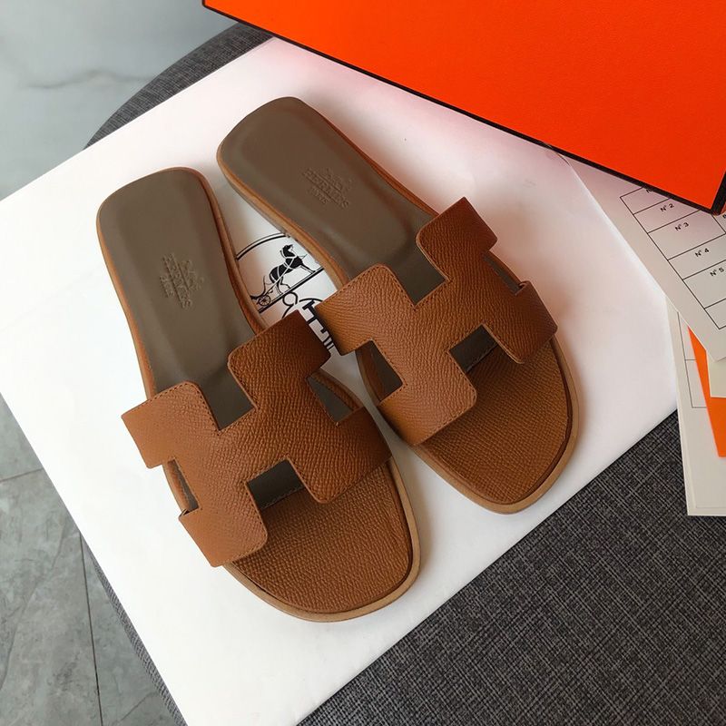 Hermes Oran Slides Women Grain Calfskin In Brown