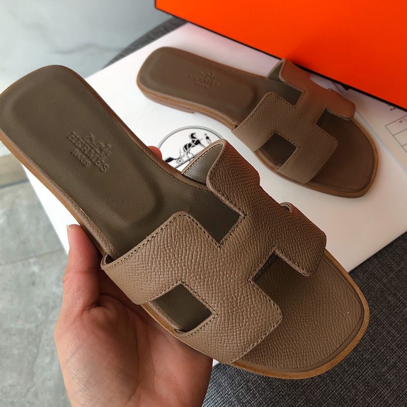 Hermes Oran Slides Women Grain Calfskin In Coffee