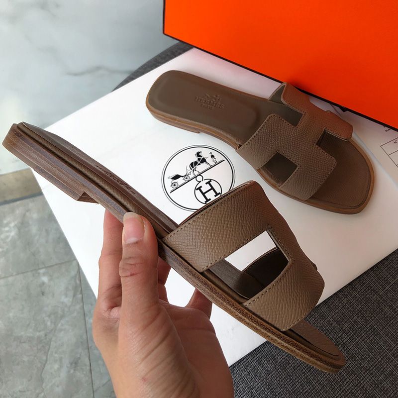 Hermes Oran Slides Women Grain Calfskin In Coffee