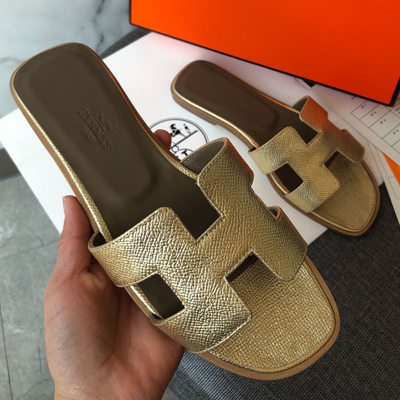 Hermes Oran Slides Women Grain Calfskin In Gold