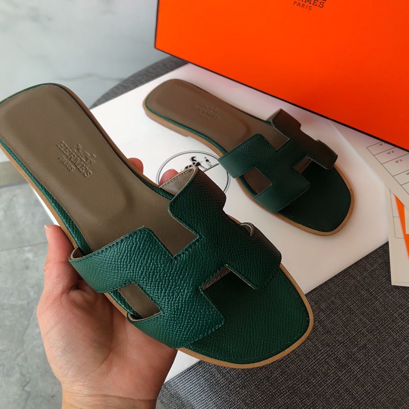 Hermes Oran Slides Women Grain Calfskin In Green