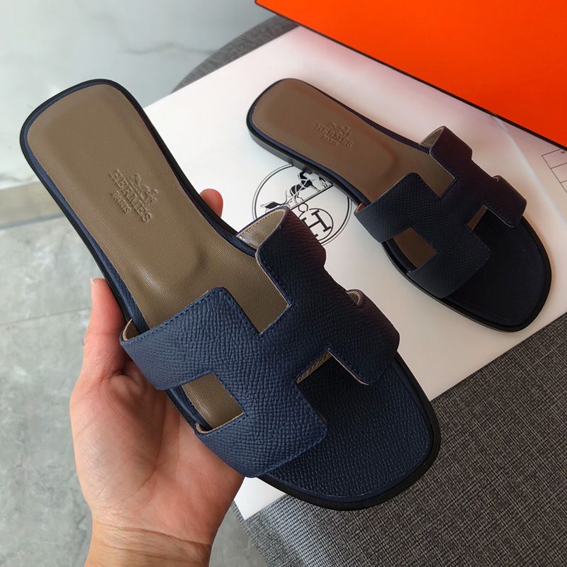 Hermes Oran Slides Women Grain Calfskin In Navy Blue