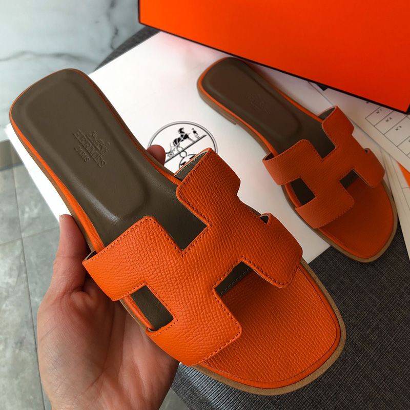 Hermes Oran Slides Women Grain Calfskin In Orange