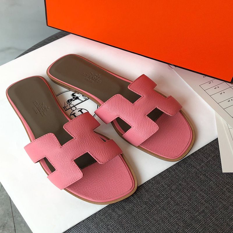 Hermes Oran Slides Women Grain Calfskin In Pink