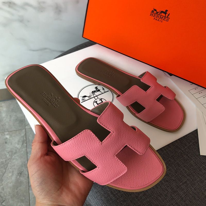 Hermes Oran Slides Women Grain Calfskin In Pink