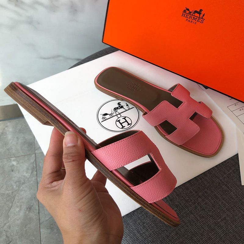 Hermes Oran Slides Women Grain Calfskin In Pink