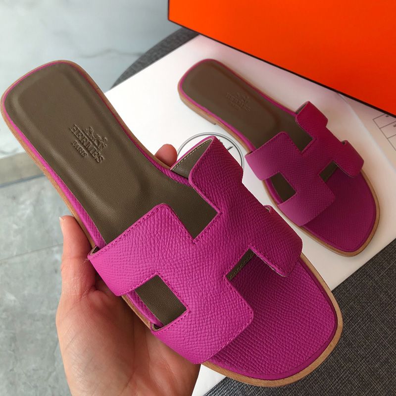 Hermes Oran Slides Women Grain Calfskin In Purple