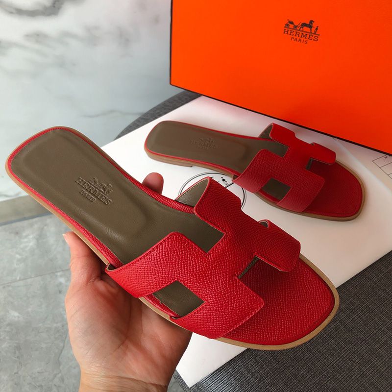 Hermes Oran Slides Women Grain Calfskin In Red