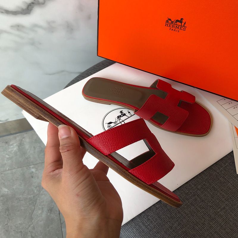 Hermes Oran Slides Women Grain Calfskin In Red