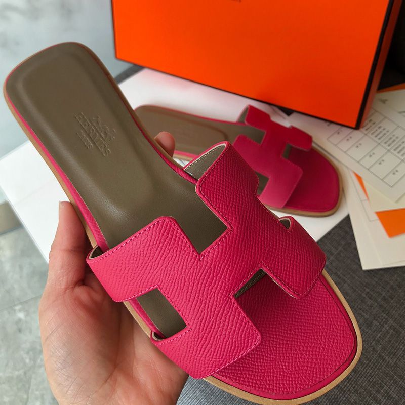 Hermes Oran Slides Women Grain Calfskin In Rose