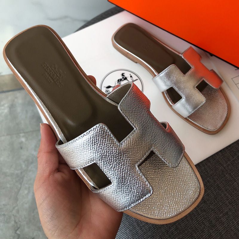 Hermes Oran Slides Women Grain Calfskin In Silver