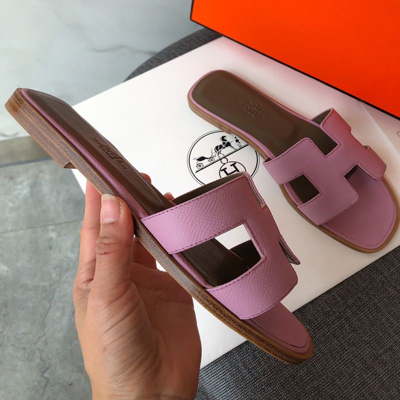 Hermes Oran Slides Women Grain Calfskin In Violet