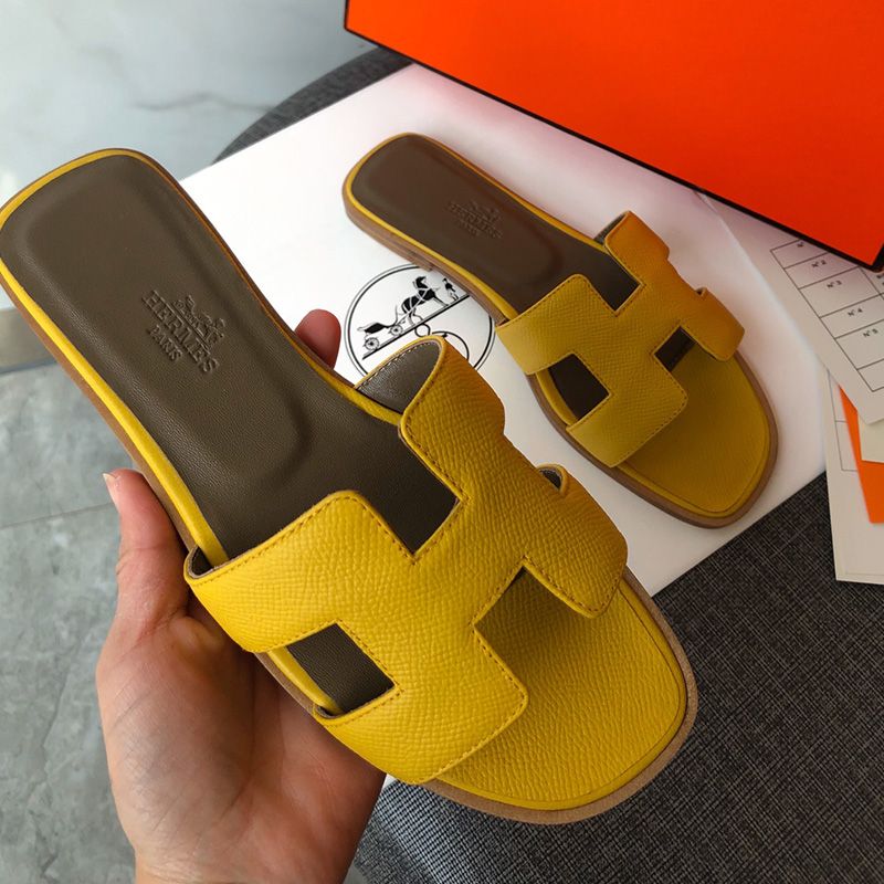 Hermes Oran Slides Women Grain Calfskin In Yellow