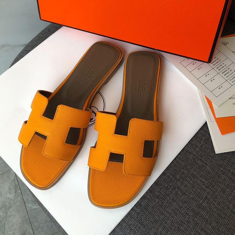 Hermes Oran Slides Women Grain Calfskin In Yellow