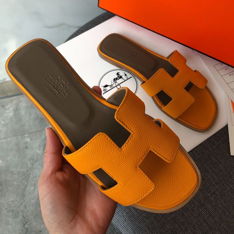 Hermes Oran Slides Women Grain Calfskin In Yellow