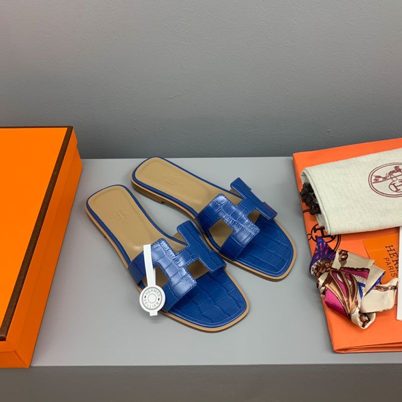 Hermes Oran Slides Women Crocodile Leather In Blue