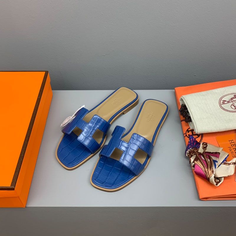 Hermes Oran Slides Women Crocodile Leather In Blue