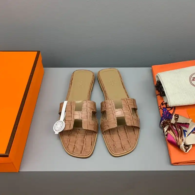 Hermes Oran Slides Women Crocodile Leather In Camel