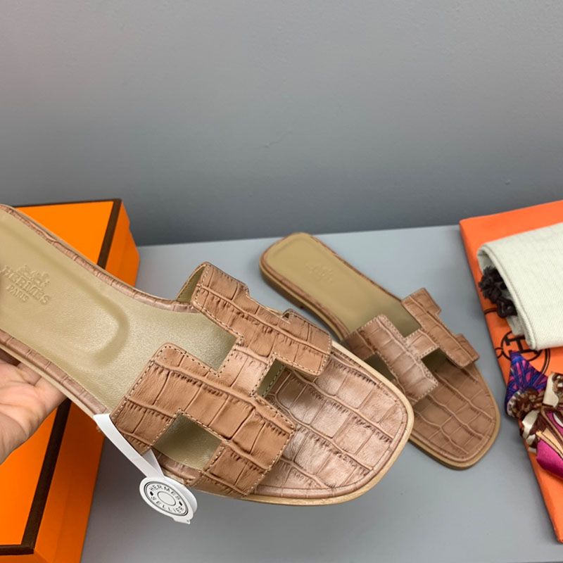 Hermes Oran Slides Women Crocodile Leather In Camel