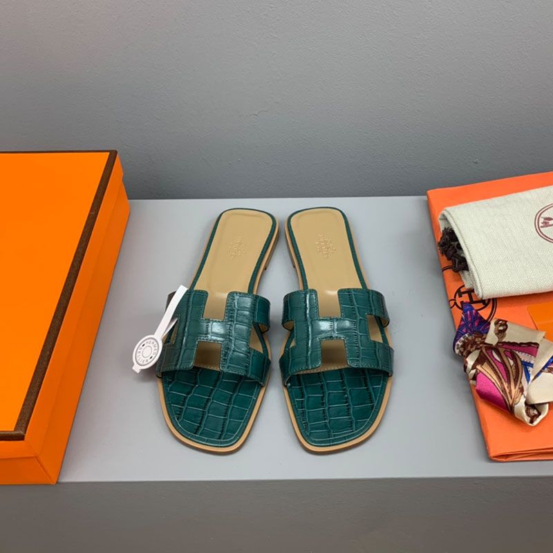 Hermes Oran Slides Women Crocodile Leather In Green