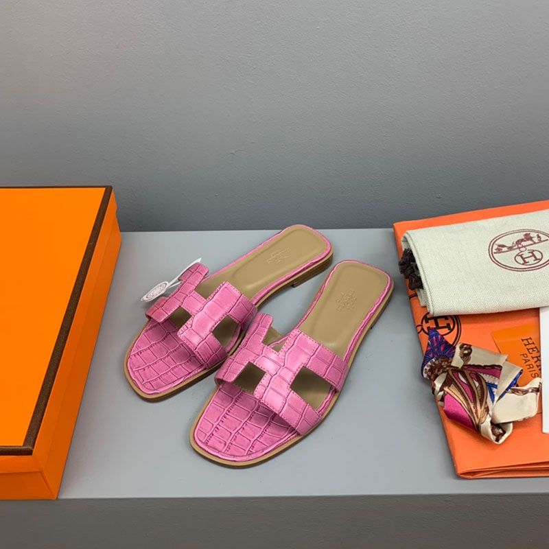 Hermes Oran Slides Women Crocodile Leather In Pink