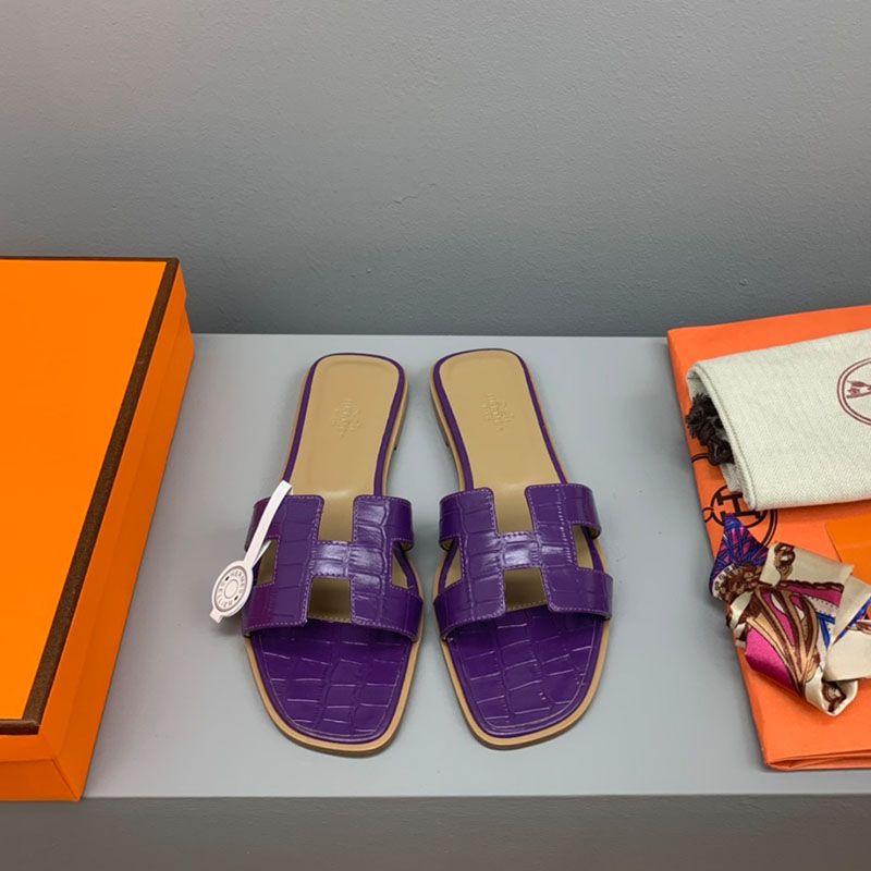 Hermes Oran Slides Women Crocodile Leather In Purple