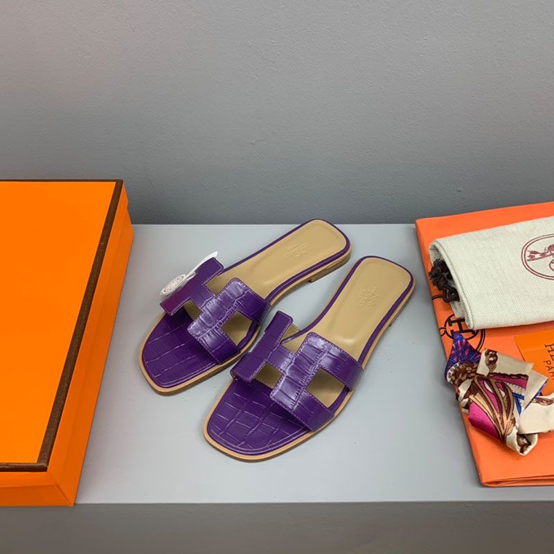 Hermes Oran Slides Women Crocodile Leather In Purple