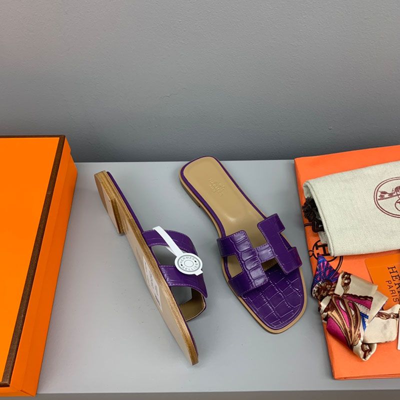 Hermes Oran Slides Women Crocodile Leather In Purple