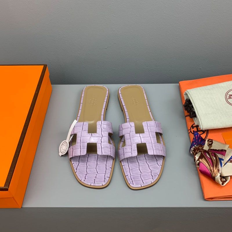 Hermes Oran Slides Women Crocodile Leather In Light Purple