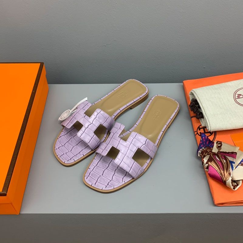 Hermes Oran Slides Women Crocodile Leather In Light Purple