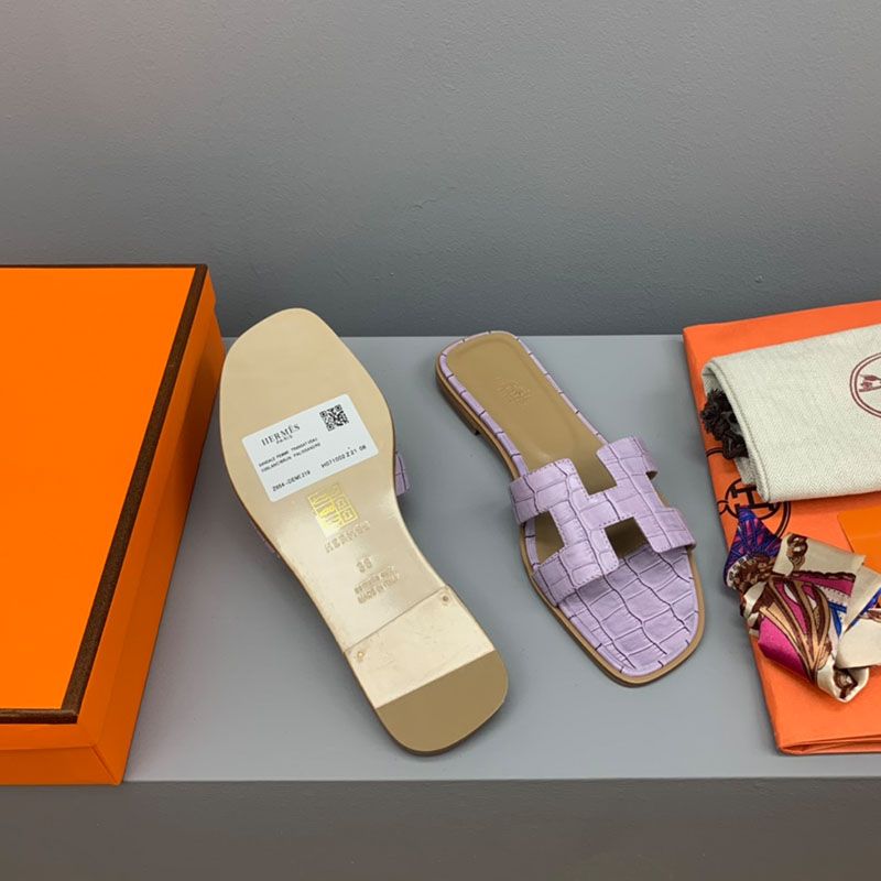 Hermes Oran Slides Women Crocodile Leather In Light Purple