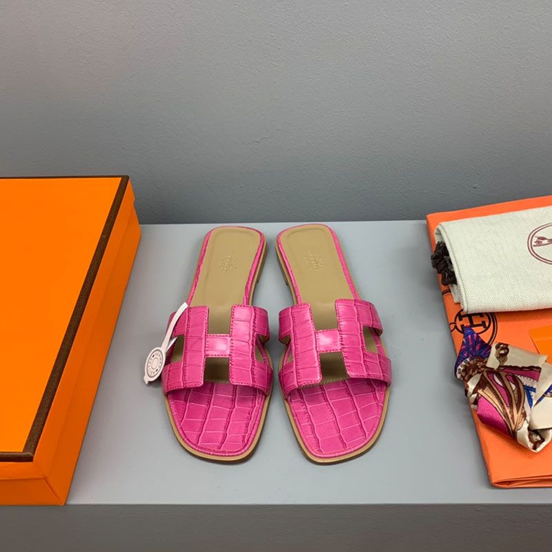 Hermes Oran Slides Women Crocodile Leather In Rose