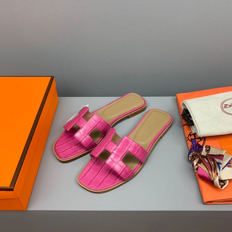 Hermes Oran Slides Women Crocodile Leather In Rose