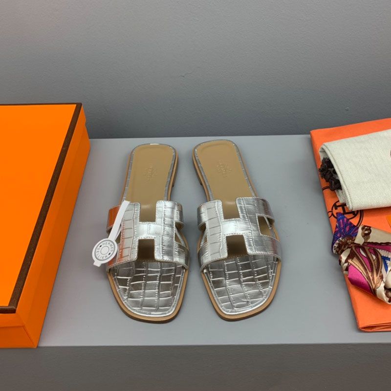 Hermes Oran Slides Women Crocodile Leather In Silver