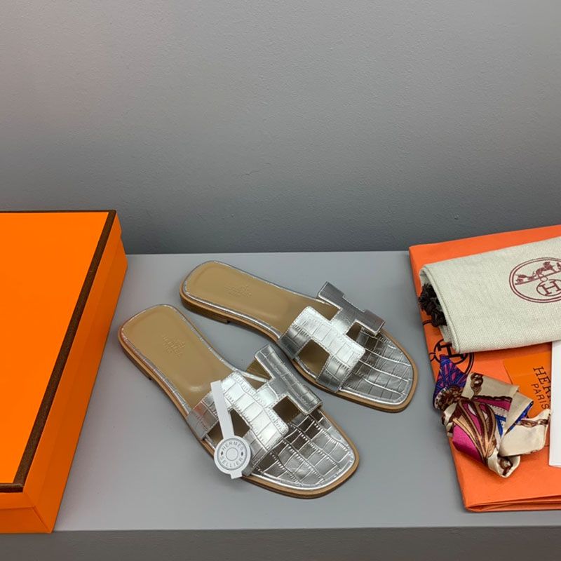 Hermes Oran Slides Women Crocodile Leather In Silver