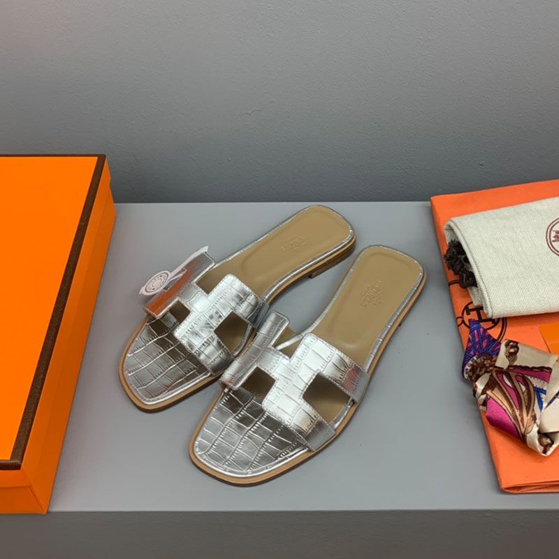 Hermes Oran Slides Women Crocodile Leather In Silver