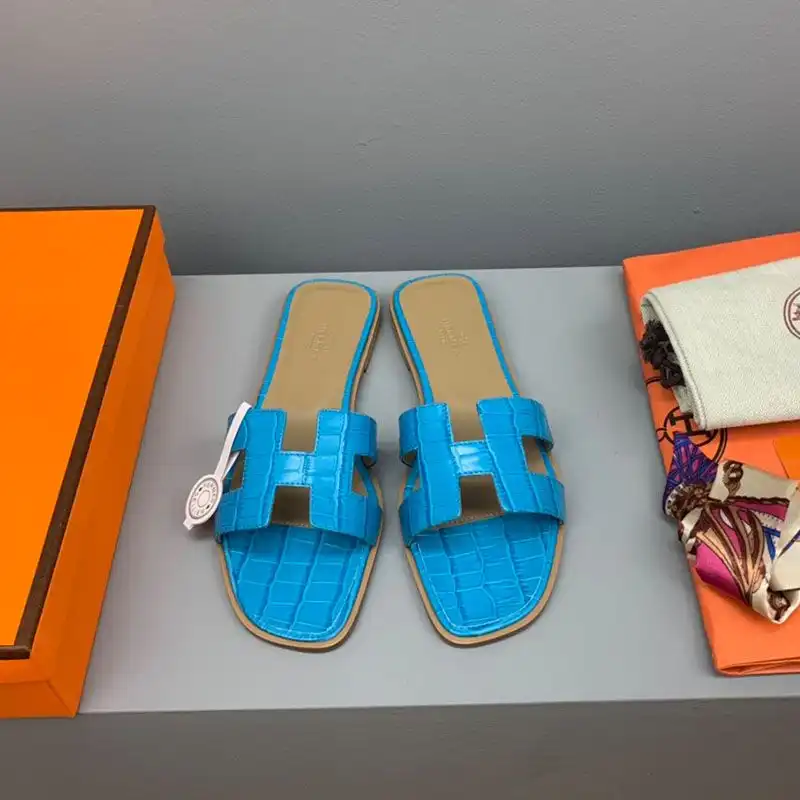 Hermes Oran Slides Women Crocodile Leather In Sky Blue