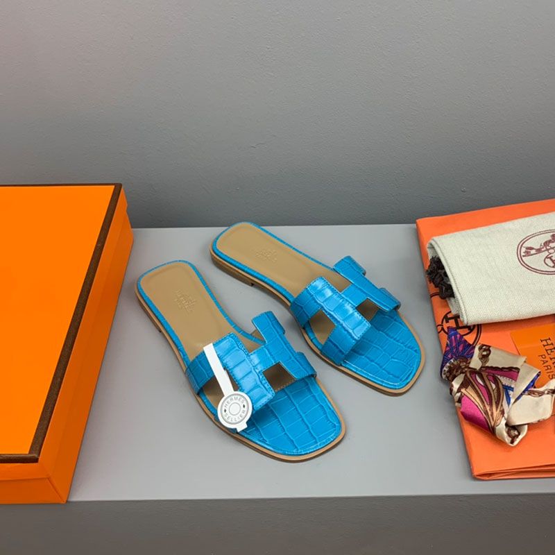 Hermes Oran Slides Women Crocodile Leather In Sky Blue