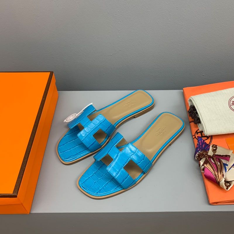 Hermes Oran Slides Women Crocodile Leather In Sky Blue