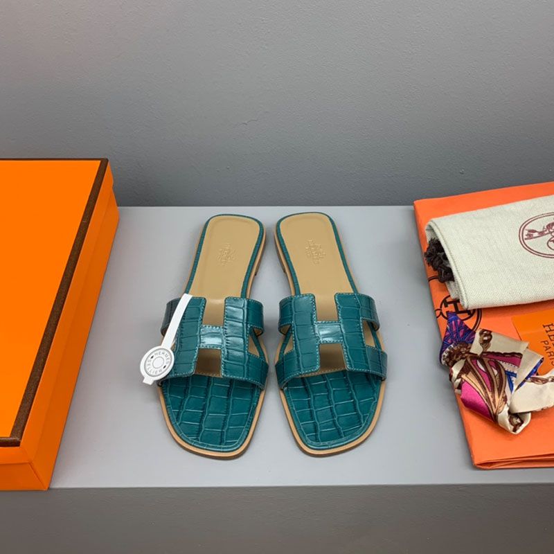 Hermes Oran Slides Women Crocodile Leather In Teal