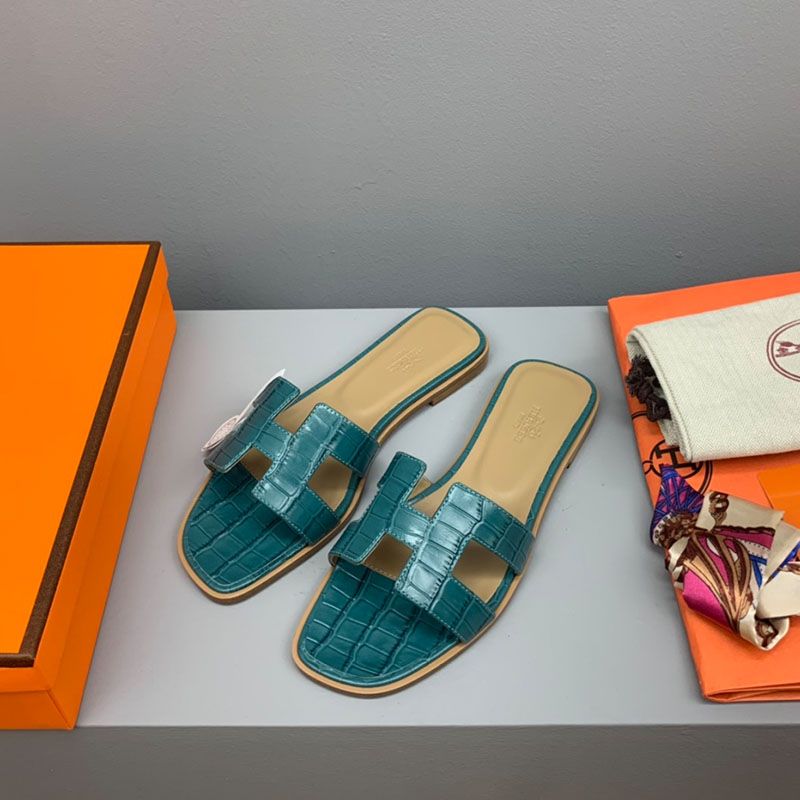 Hermes Oran Slides Women Crocodile Leather In Teal